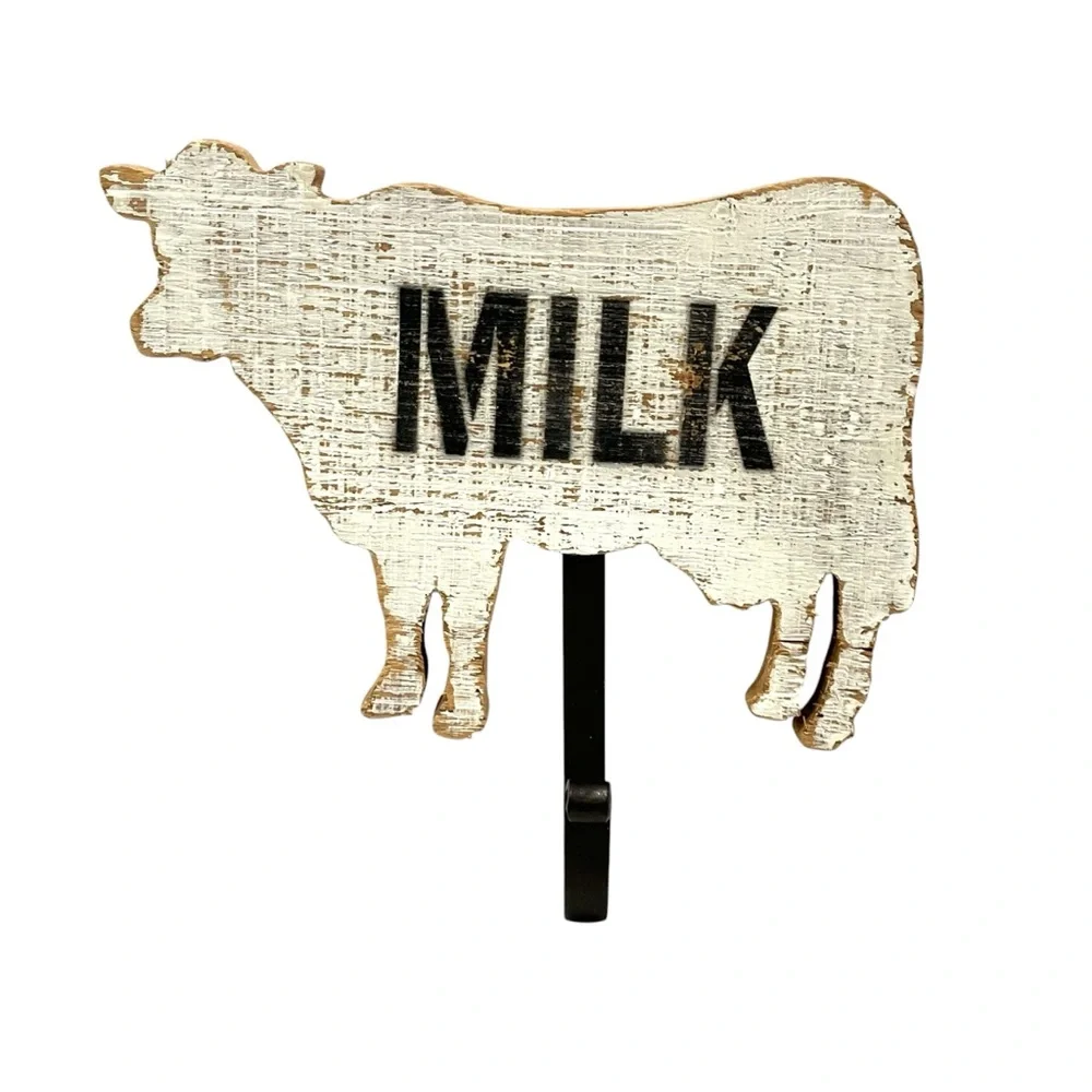 Rustic Wooden Cow Wall Hook “MILK” Farmhouse Kitchen Decor Coat Towel Hook 7.5”